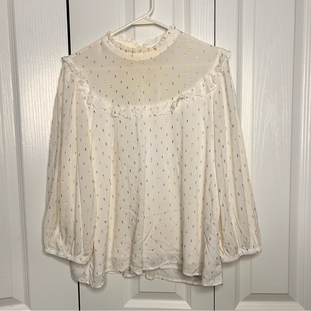 Draper James RSVP Women’s White Gold Clip Dot Mockneck Blouse Size‎ Large Lined - Picture 3 of 8